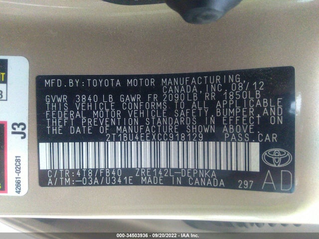2012 TOYOTA COROLLA L/LE/S VIN: 2T1BU4EEXCC918129