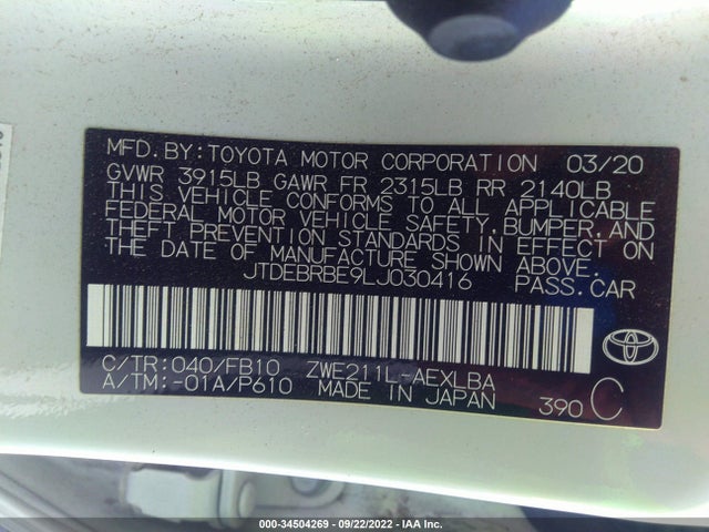 2020 Toyota Corolla, VIN: JTDEBRBE9LJ030416