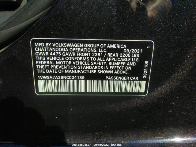 2022 Volkswagen Passat, VIN: 1VWSA7A36NC004189