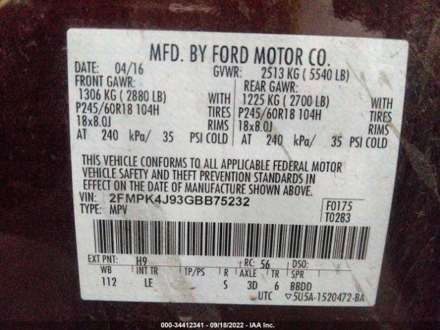 2FMPK4J93GBB75232 Ford EDGE SEL