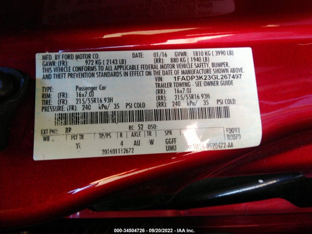 2016 FORD FOCUS SE VIN: 1FADP3K23GL267497
