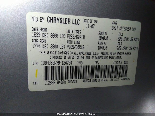 Dodge DURANGO LIMITED 2008 1D8HB58N78F124724 Image 11