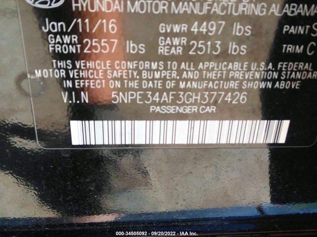 2016 HYUNDAI SONATA 2.4L SPORT VIN: 5NPE34AF3GH377426