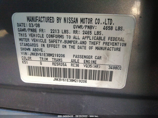 2008 INFINITI G35 SEDAN JOURNEY VIN: JNKBV61E38M219206
