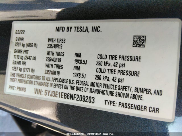 Tesla Model 3 Long Range Dual Motor All-wheel Drive 2022 5YJ3E1EB6NF209203 Image 9
