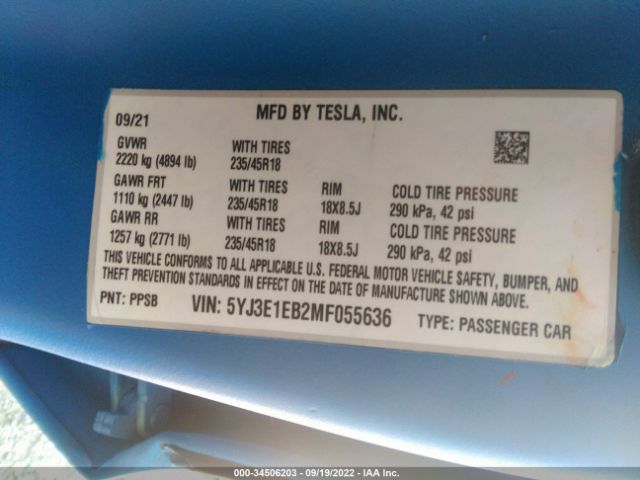 5YJ3E1EB2MF055636 Tesla Model 3 Long Range Dual Motor All-wheel Drive