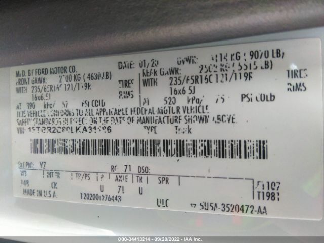 Ford TRANSIT CARGO VAN 2020 1FTBR2C80LKA31186 Image 9