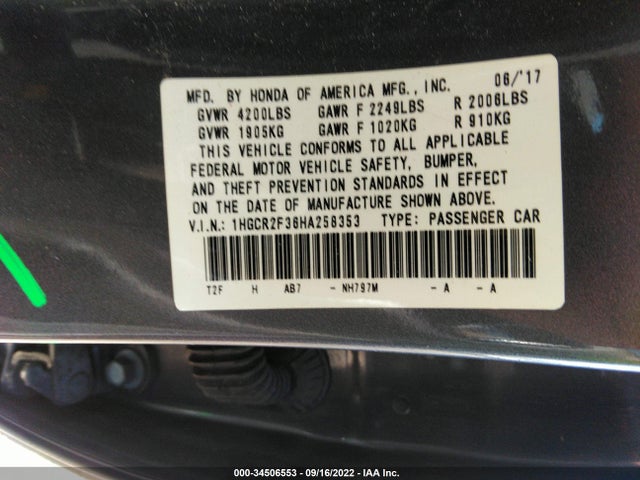 2017 HONDA ACCORD SEDAN LX VIN: 1HGCR2F36HA258353
