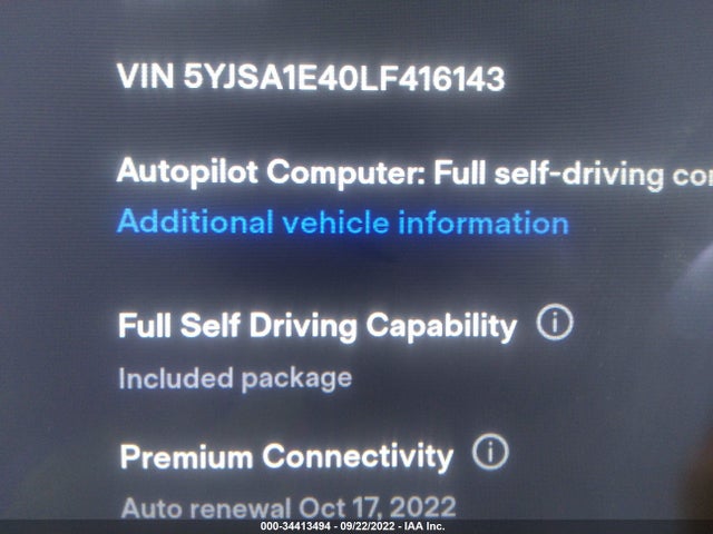 2020 Tesla Model S, VIN: 5YJSA1E40LF416143