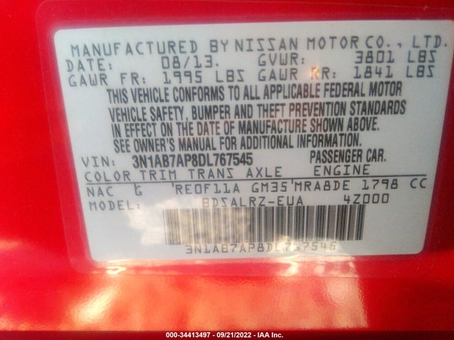 2013 NISSAN SENTRA SR VIN: 3N1AB7AP8DL767545