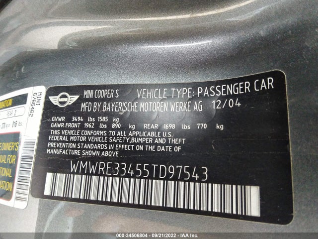 Aukcja sprzedaży 2005 Mini Cooper Hardtop S, vin: WMWRE33455TD97543, numer aukcji: 34506804