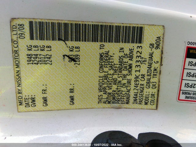 2009 NISSAN ALTIMA 2.5 S VIN: 1N4AL24E99C133323