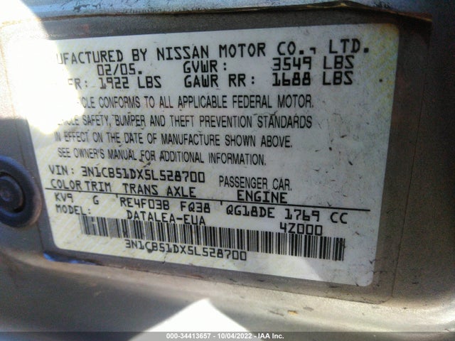 2005 NISSAN SENTRA 1.8 S VIN: 3N1CB51DX5L528700