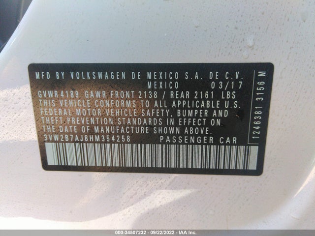 2017 Volkswagen Jetta, VIN: 3VW2B7AJ8HM354258