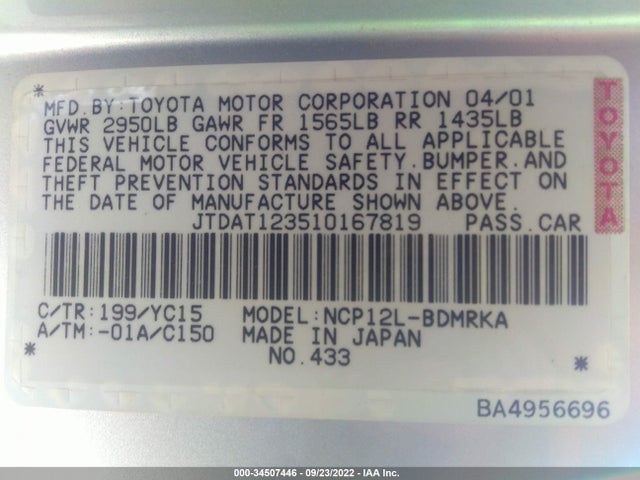 2001 TOYOTA ECHO VIN: JTDAT123510167819
