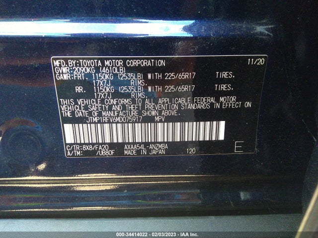 2021 TOYOTA RAV4 XLE VIN: JTMP1RFV6MD075917