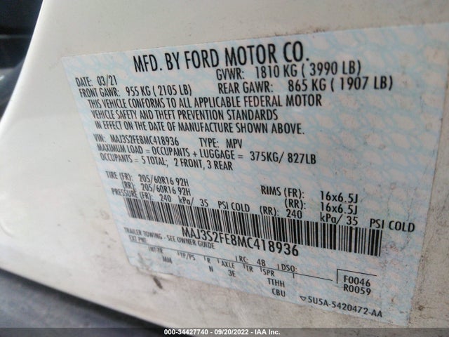 2021 FORD ECOSPORT S VIN: MAJ3S2FE8MC418936