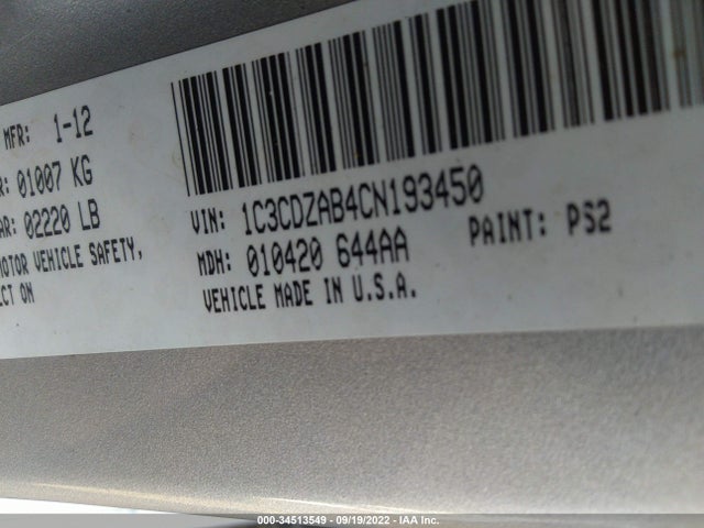 Dodge AVENGER SE 2012 1C3CDZAB4CN193450 Image 9