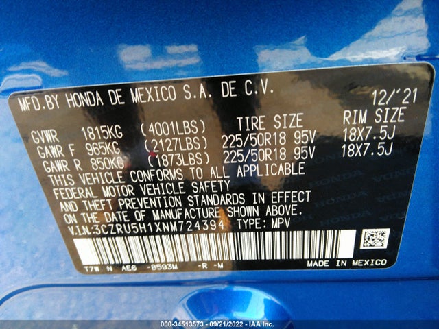 2022 Honda HR-V, VIN: 3CZRU5H1XNM724394