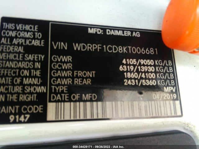 2019 Freightliner Sprinter, VIN: WDRPF1CD8KT006681