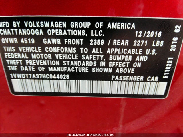 1VWDT7A37HC044028 Volkswagen Passat R-line W/comfort Pkg