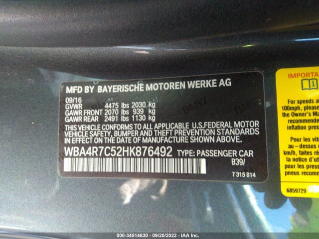 2017 BMW 4 Series, VIN: WBA4R7C52HK876492