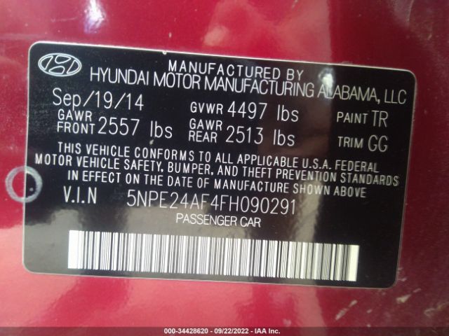 5NPE24AF4FH090291 Hyundai SONATA SE
