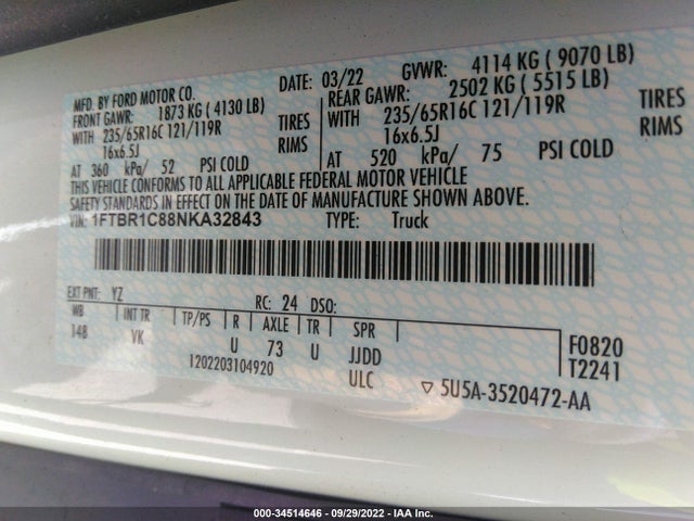 2022 Ford Transit, VIN: 1FTBR1C88NKA32843