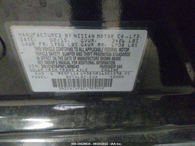 3N1CN7AP8FL909542 Nissan Versa 1.6 S/1.6 S+/1.6 Sl/1.6 Sv