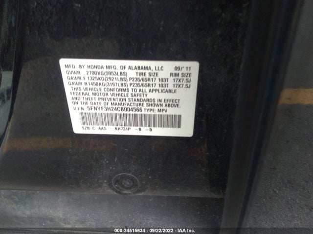 2012 HONDA PILOT LX VIN: 5FNYF3H24CB004566