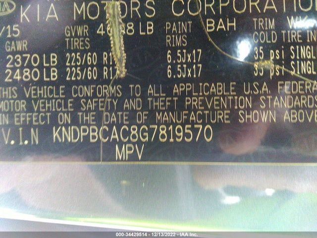 2016 KIA SPORTAGE LX VIN: KNDPBCAC8G7819570