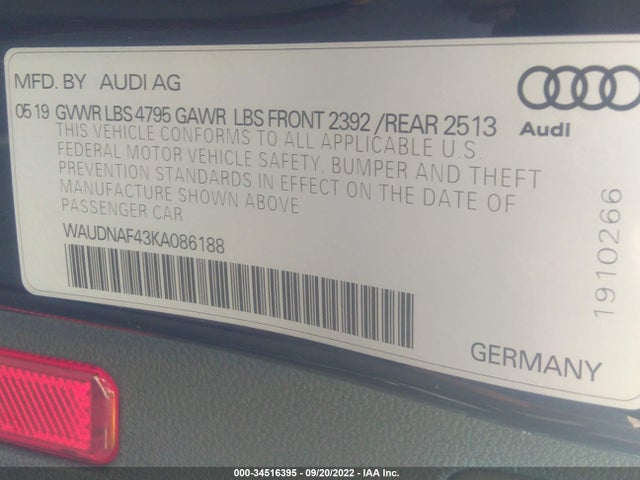 2019 Audi A4, VIN: WAUDNAF43KA086188