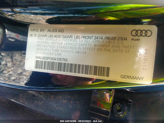 2019 AUDI A3 SEDAN PREMIUM PLUS VIN: WAUJEGFF2KA105756