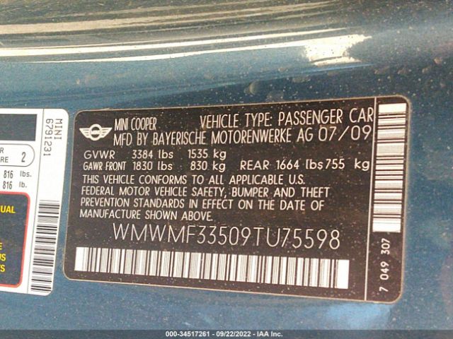 WMWMF33509TU75598 Mini COOPER HARDTOP