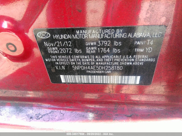 2013 HYUNDAI ELANTRA GLS VIN: 5NPDH4AE5DH258180