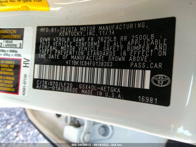 Toyota AVALON LIMITED 2015 4T1BK1EB4FU138303 Image 11