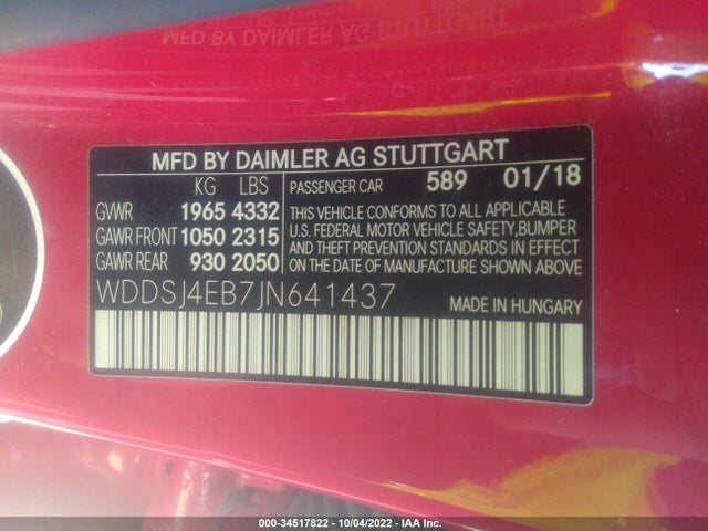 2018 Mercedes-Benz CLA-Class, VIN: WDDSJ4EB7JN641437