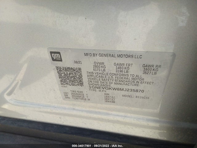 2021 Chevrolet Traverse, VIN: 1GNEVGKW8MJ235870