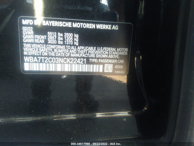 2022 BMW 7 Series, VIN: WBA7T2C03NCK22421