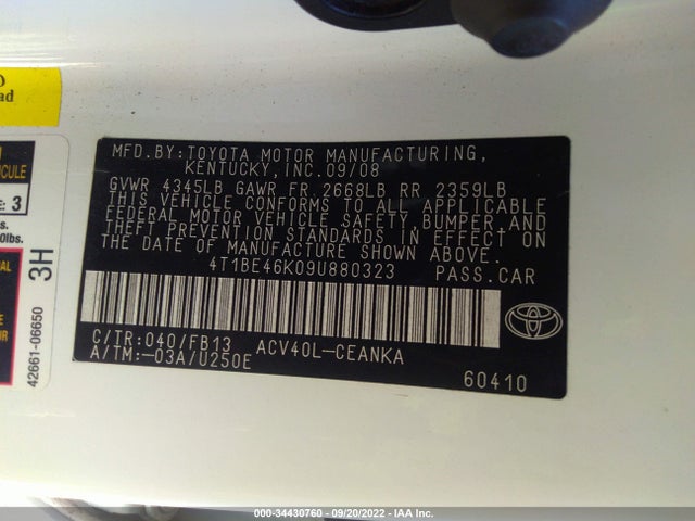 2009 TOYOTA CAMRY VIN: 4T1BE46K09U880323