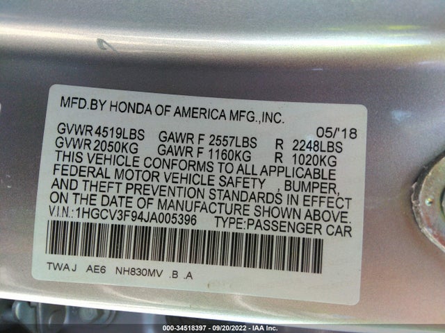 2018 HONDA ACCORD HYBRID TOURING VIN: 1HGCV3F94JA005396