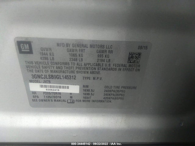 2016 Chevrolet Trax, VIN: 3GNCJLSB9GL145312