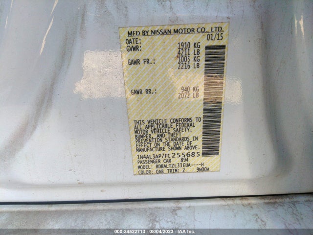 Nissan Altima 2.5 Sl 2015 1N4AL3AP7FC255685 Image 9