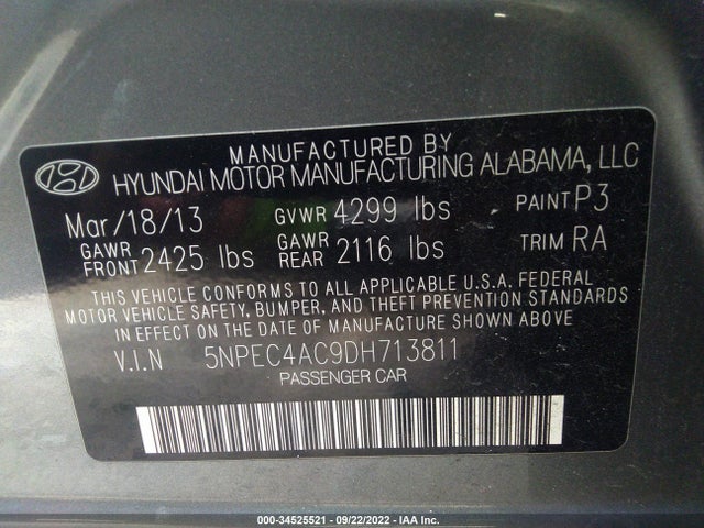 2013 HYUNDAI SONATA SE VIN: 5NPEC4AC9DH713811