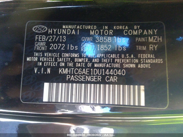 2013 HYUNDAI VELOSTER TURBO W/BLACK INT VIN: KMHTC6AE1DU144040