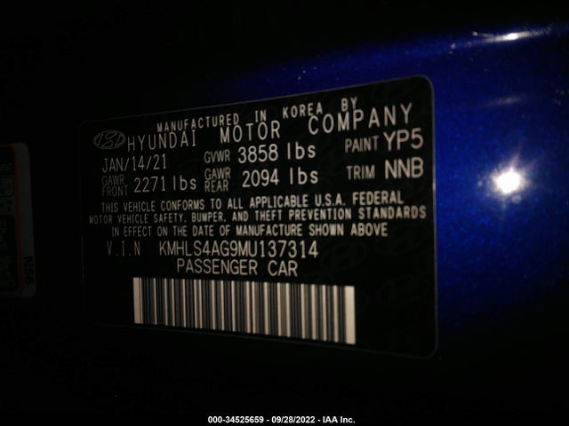 2021 HYUNDAI ELANTRA SEL VIN: KMHLS4AG9MU137314