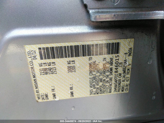 2012 NISSAN MAXIMA 3.5 S W VIN: 1N4AA5AP7CC846015