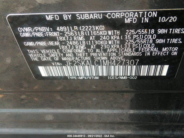 2021 SUBARU FORESTER SPORT VIN: JF2SKALC1MH427307