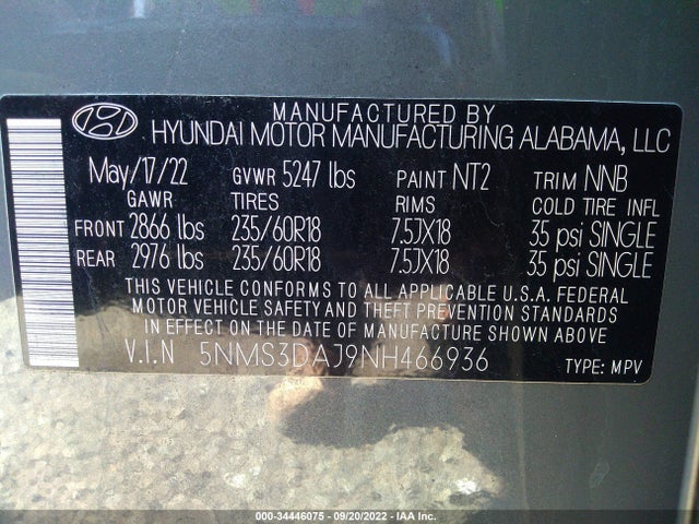 2022 Hyundai Santa Fe, VIN: 5NMS3DAJ9NH466936