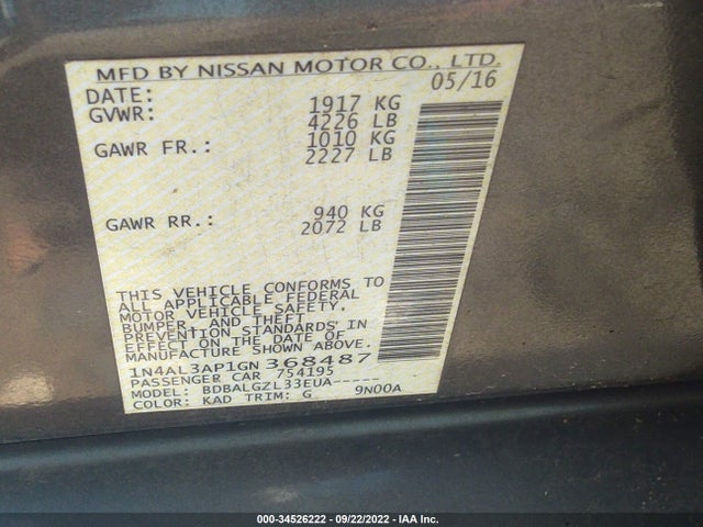 2016 NISSAN ALTIMA 2.5 VIN: 1N4AL3AP1GN368487